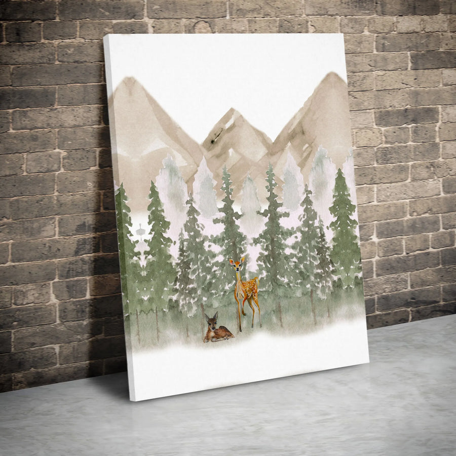 Watercolor Deer Canvas Wall Art | Misty Pine Forest & Mountain Scene | Premium Gallery Wrapped Print | Woodland Nursery Art Gift