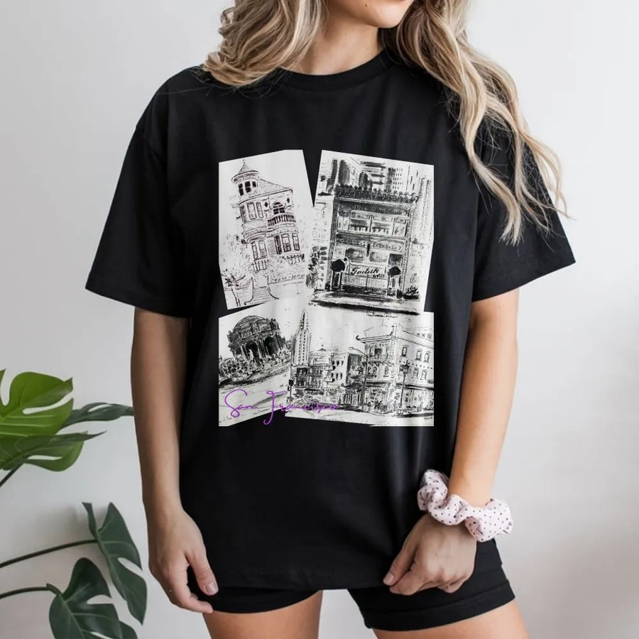 San Francisco City Sketch T-Shirt | Architectural Landmark Collage Art | Premium Cotton Travel Souvenir | Unisex California Urban Graphic Tee