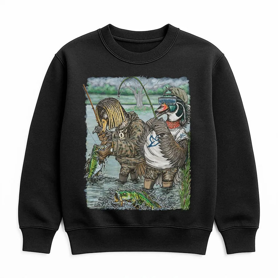 Fishing Duck Sweatshirt | Funny Bass Angler Cartoon Graphic | Premium Cotton Blend Crewneck | Unique Gift for Duck Hunters and Fishermen