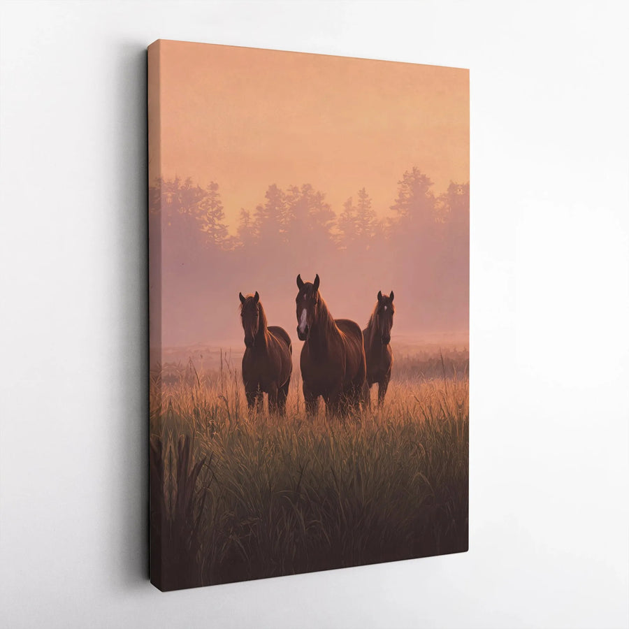 Three Horses Canvas Wall Art | Misty Sunrise Farmhouse Decor | Premium Gallery Wrap Print | Nature Equestrian Gift for Home Office