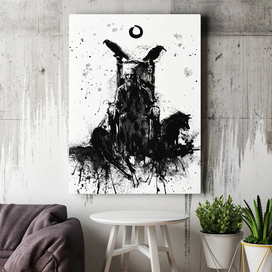 Norse God Odin Vertical Canvas | Mythology Ink Splatter Art | Premium Frameless Print | Collector's Gift for Viking History Fan
