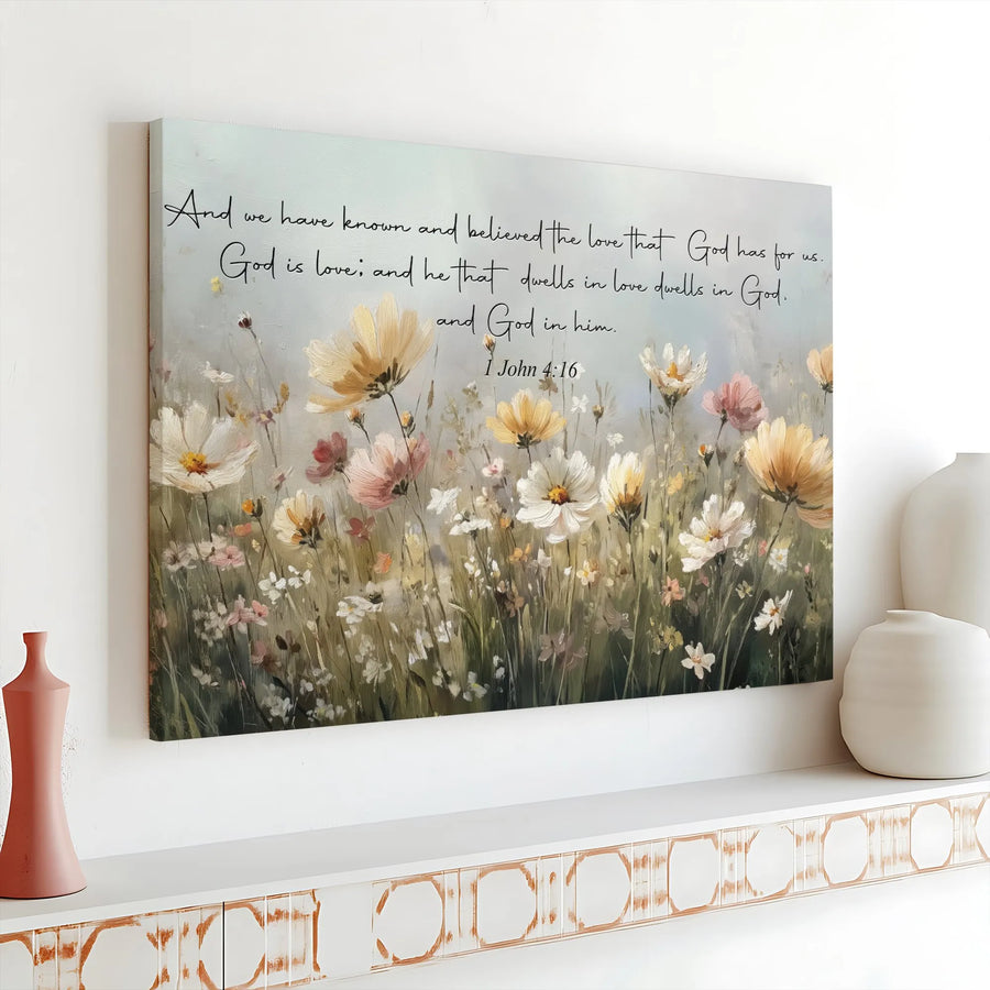 1 John 4:16 Wildflower Wall Art | God Is Love Bible Verse Print | Premium Gallery Wrap Canvas | Christian Home Decor & Religious Gift