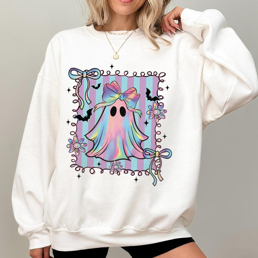 Coquette Ghost Sweatshirt | Iridescent Bow Halloween Aesthetic | Soft Cotton Blend Crewneck | Cute Spooky Season Gift For Her