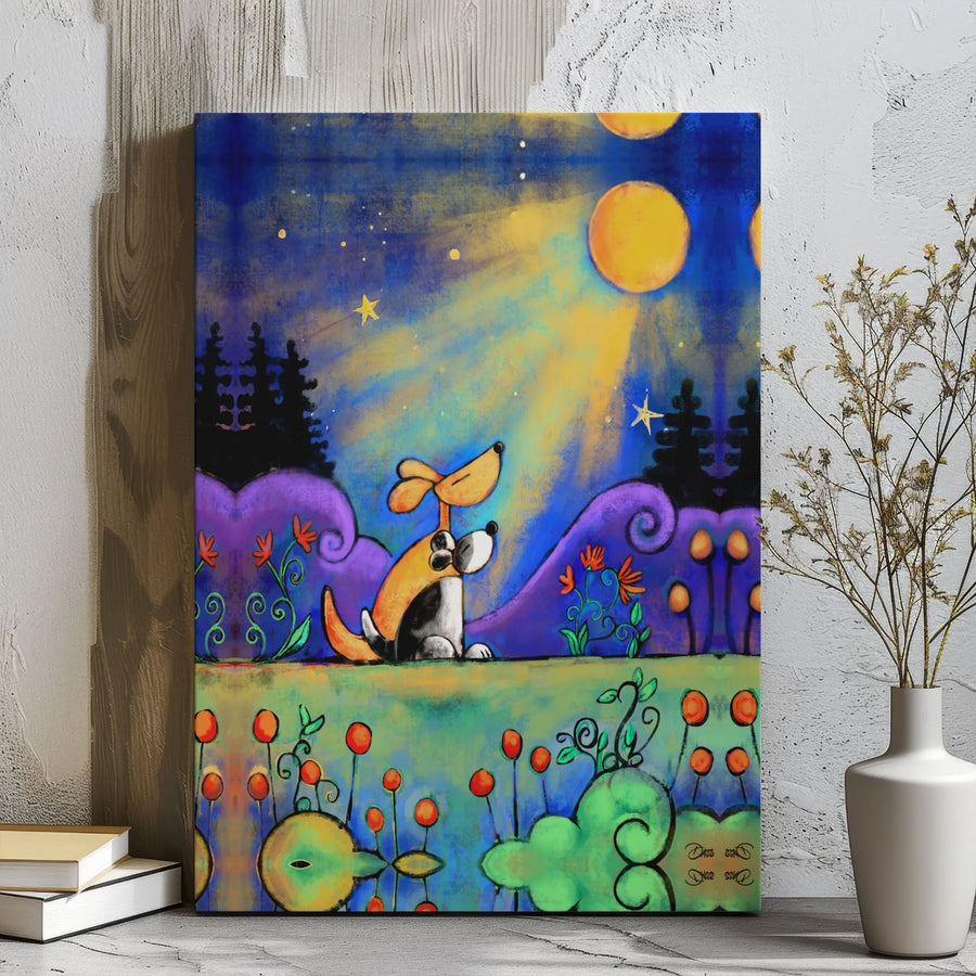 Dog Wall Art Canvas | Whimsical Night Sky Landscape Painting | Premium Gallery Wrap Decor | Gift For Dog Lovers & Pet Owners