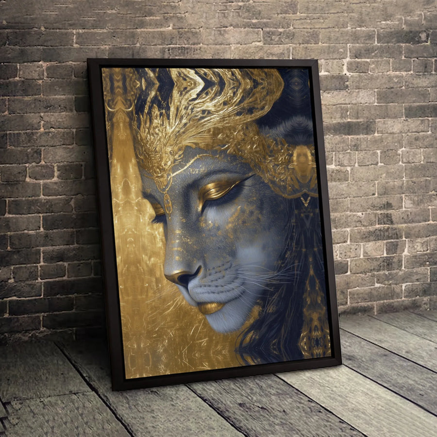 Lioness Goddess Canvas Print | Abstract Gold Headdress Wall Art | Premium Gallery-Wrap 1.25" Profile | Elegant Living Room Decor Gift