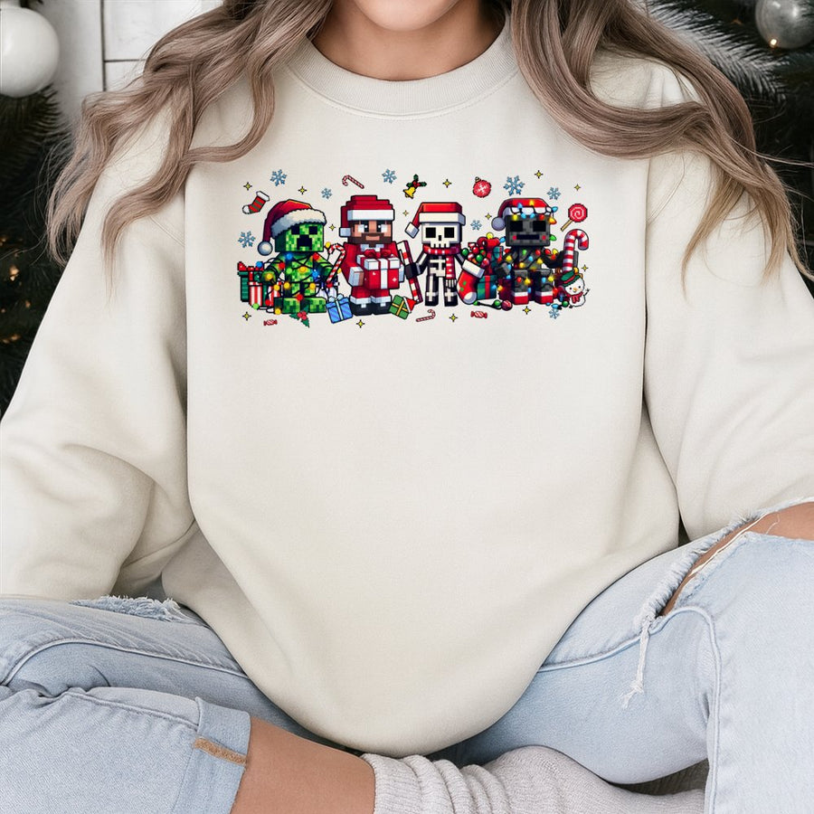Pixel Gamer Christmas Sweatshirt | Funny Festive Block Character Holiday Graphic | Premium Cotton Blend | Gift For Gamers Adults Kids