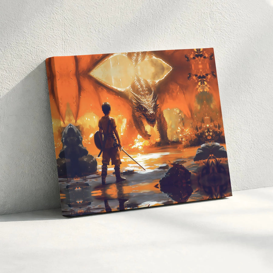 Fantasy Dragon Wall Art | Epic Warrior Knight vs Dragon Canvas Print | 1.25-Inch Gallery Wrap | Premium Decor for Bedroom Office