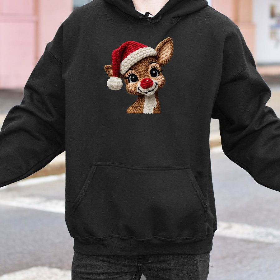 Reindeer Christmas Hoodie | Faux Knitted Yarn Deer Graphic | Premium Cotton Blend | Cute Holiday Gift For Men And Women