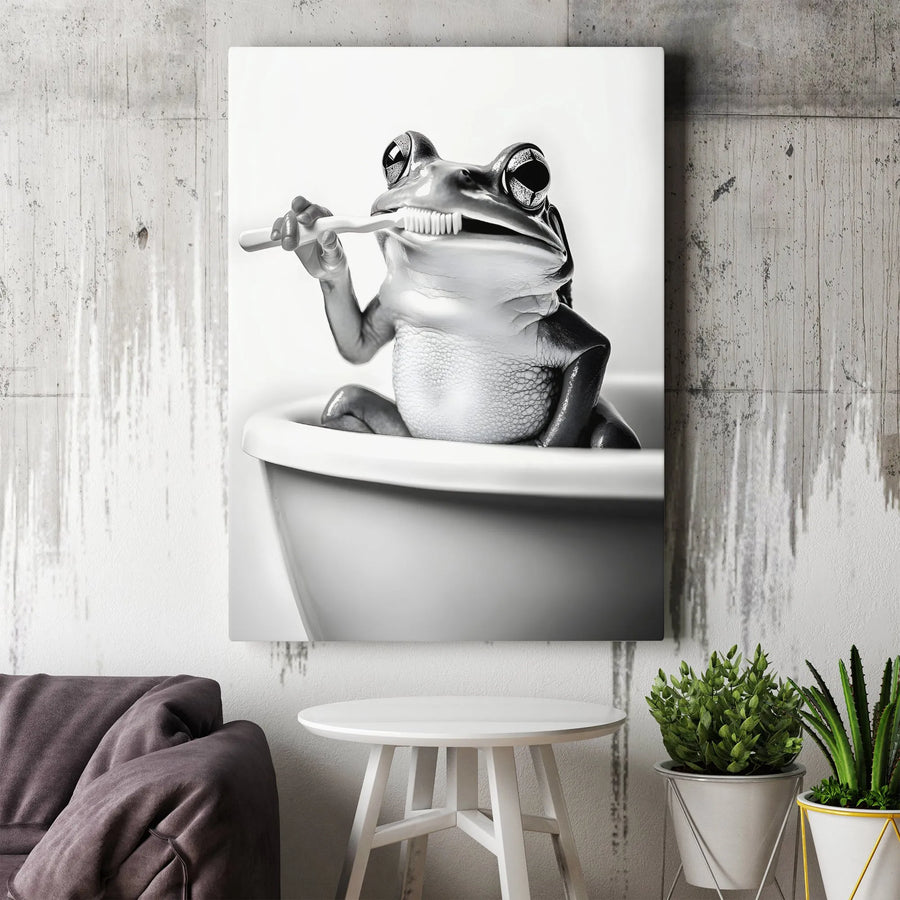 Frog Brushing Teeth Wall Art | Whimsical Bathroom Decor Print | Premium 1.25" Gallery Wrapped Canvas | Funny Animal Poster Gift for Kids or Home