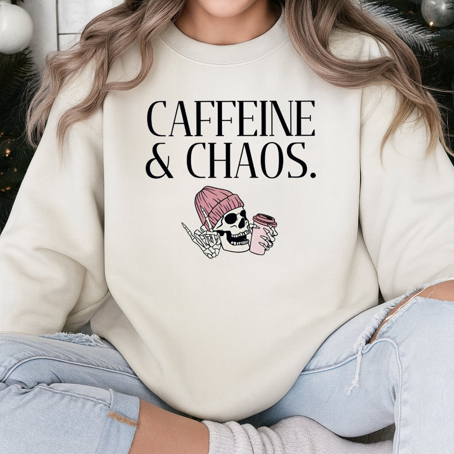 Caffeine & Chaos Skeleton Sweatshirt | Pink Beanie Coffee Graphic | Premium Soft Blend Crewneck | Trendy Aesthetic Gift for Coffee Lovers