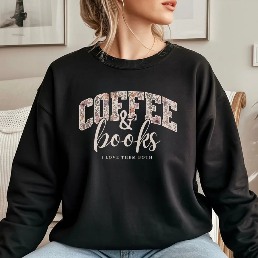 Coffee and Books Sweatshirt | Floral Varsity Graphic Tee | Soft 100% Cotton | Cozy Reader Gift for Book Club, Teacher