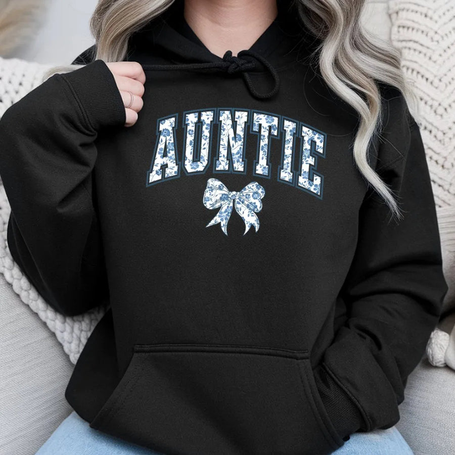 Auntie Shirt with Floral Bow | Coquette Varsity Lettering | Soft Cotton Tee | Trendy Gift for New Aunt, Pregnancy Announcement