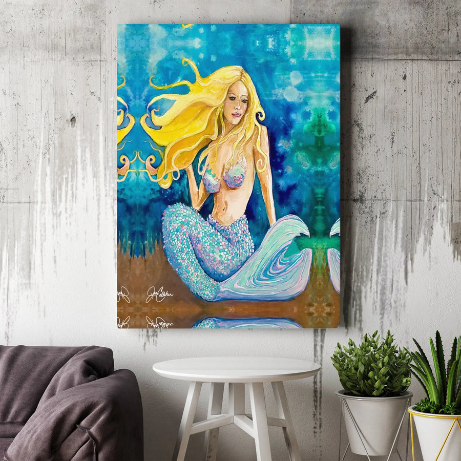 Blonde Mermaid Wall Art Canvas | Enchanting Underwater Watercolor Print | Gallery-Wrapped Premium Decor | Whimsical Ocean Theme Gift