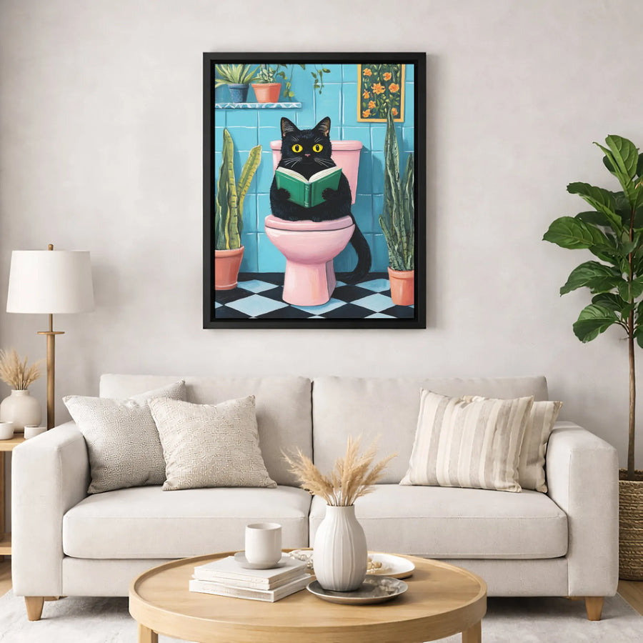 Black Cat Reading Book On Toilet | Funny Bathroom Wall Art | Premium Gallery Canvas | Quirky Home Decor Gift for Cat Lovers