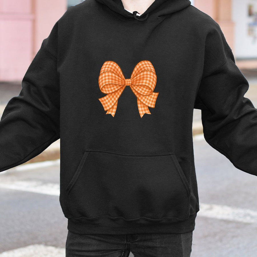 Orange Gingham Bow Hoodie | Aesthetic Coquette Autumn Graphic | Soft Cotton-Blend Premium Pullover | Trendy Fall Gift for Women & Girls