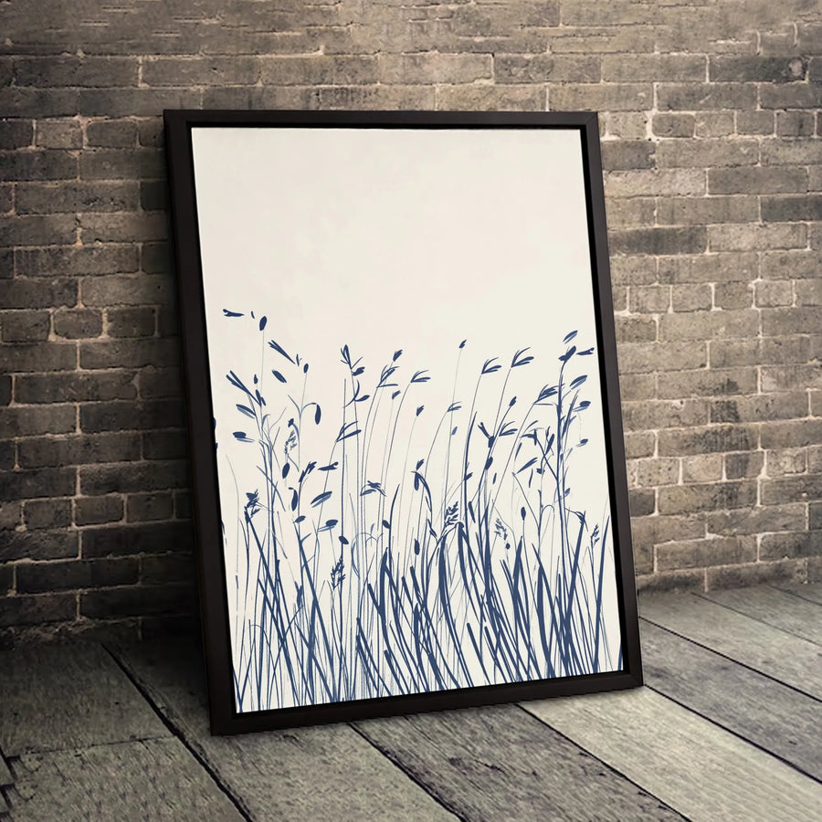 Minimalist Blue Grass Canvas Wall Art | Botanical Nature Illustration | Gallery Quality Framed Print | Modern Home & Office Decor Gift