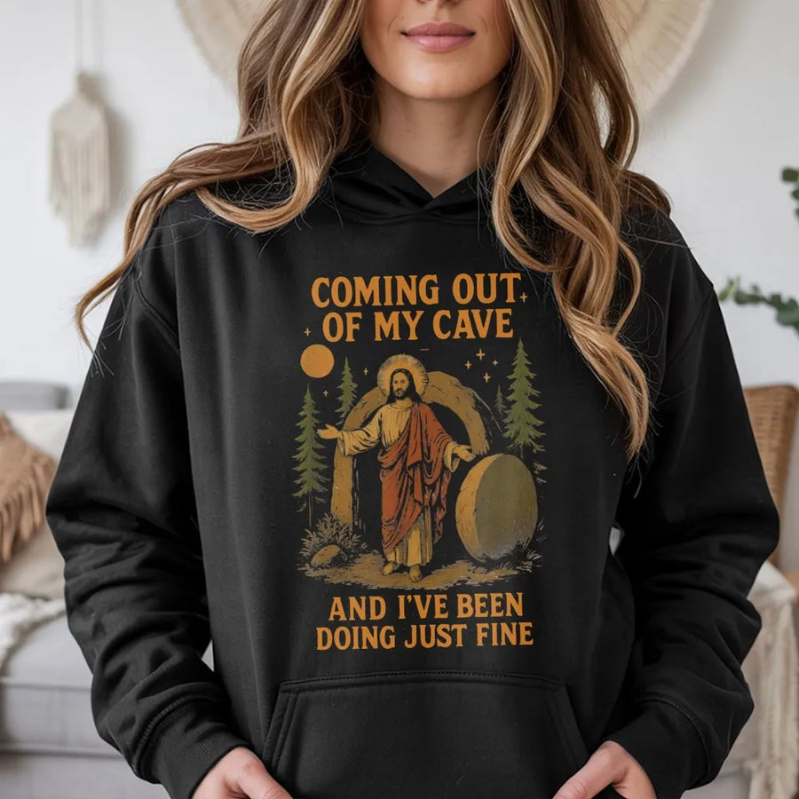 Funny Easter Hoodie | Jesus Coming Out Of My Cave Meme Graphic | Premium Cotton Blend Crewneck | Religious Humor Gift For Christian