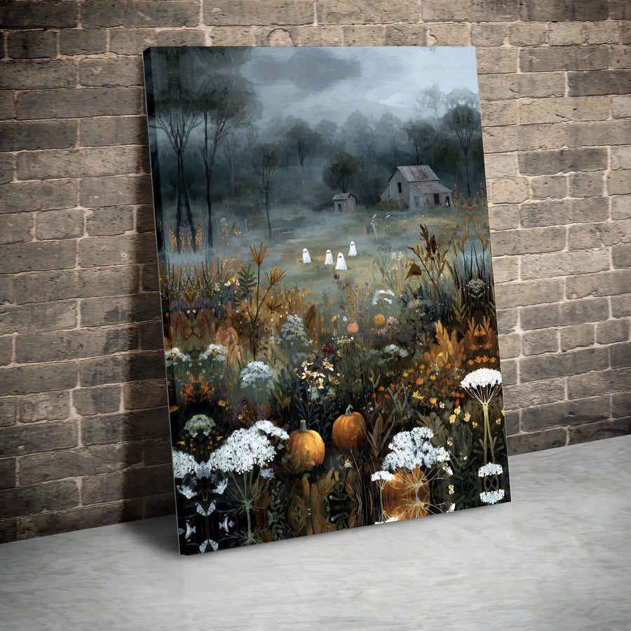 Halloween Ghost Canvas Art | Rustic Pumpkin Patch Wildflower Print | Premium Gallery-Wrapped Decor | Spooky Farmhouse Wall Decor For Fall