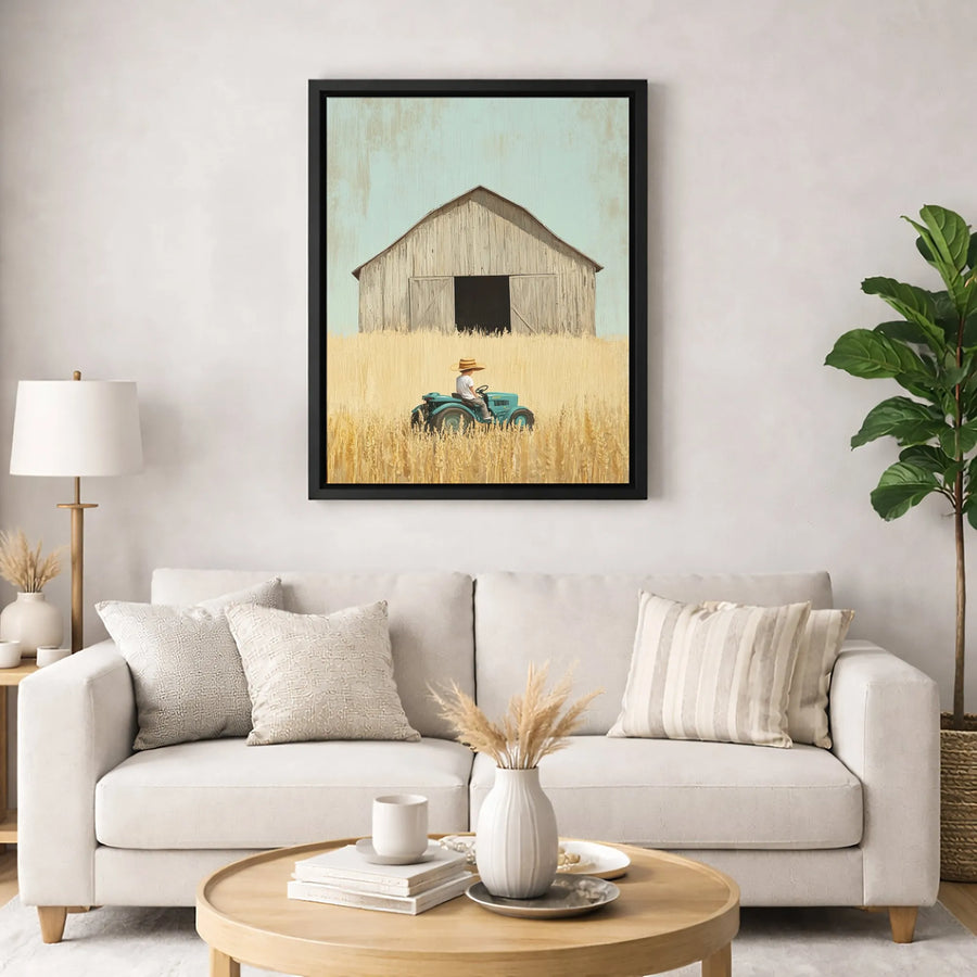 Farmhouse Wall Art Canvas | Boy On Blue Tractor In Wheat Field | Premium Gallery Wrap Print | Rustic Country Home Decor Gift