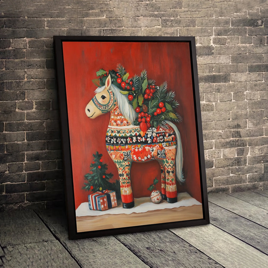 Dala Horse Canvas Print | Festive Folk Art Christmas Wall Decor | Premium Fade-Resistant Gallery Wrap | Seasonal Holiday Gift for Home