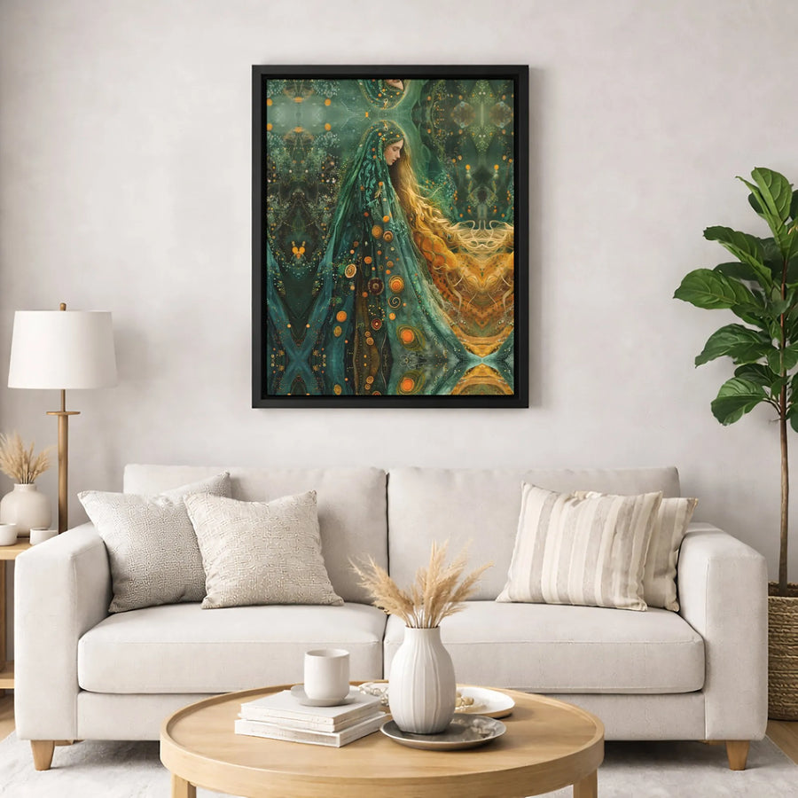 Fantasy Nature Goddess Canvas Art | Ethereal Forest Deity with Golden Hair | Premium Gallery-Wrapped Print | Enchanting Boho Home Decor Wall Art