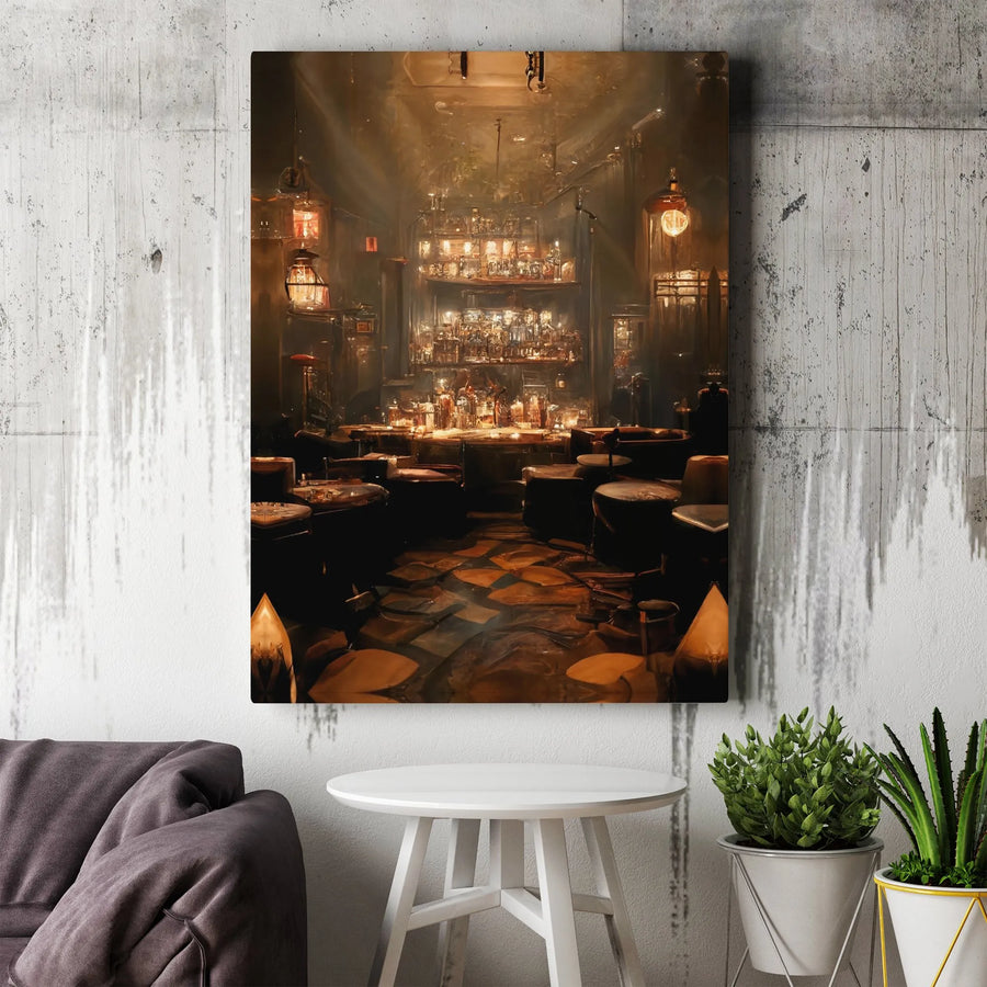 Speakeasy Bar Wall Art | Moody Vintage Pub Interior with Lanterns | Premium Gallery-Wrapped Canvas Print | Sophisticated Home Decor Gift