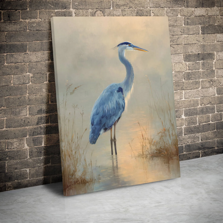 Great Blue Heron Canvas Wall Art | Moody Marsh Landscape Painting | Premium Gallery-Wrapped Print | Nature Lover Home Decor Gift