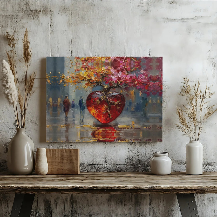 Abstract Love Heart Tree Canvas Wall Art | Romantic Cityscape Oil Painting Print | Gallery Wrapped 1.25" Frame | Unique Anniversary Gift For Couple