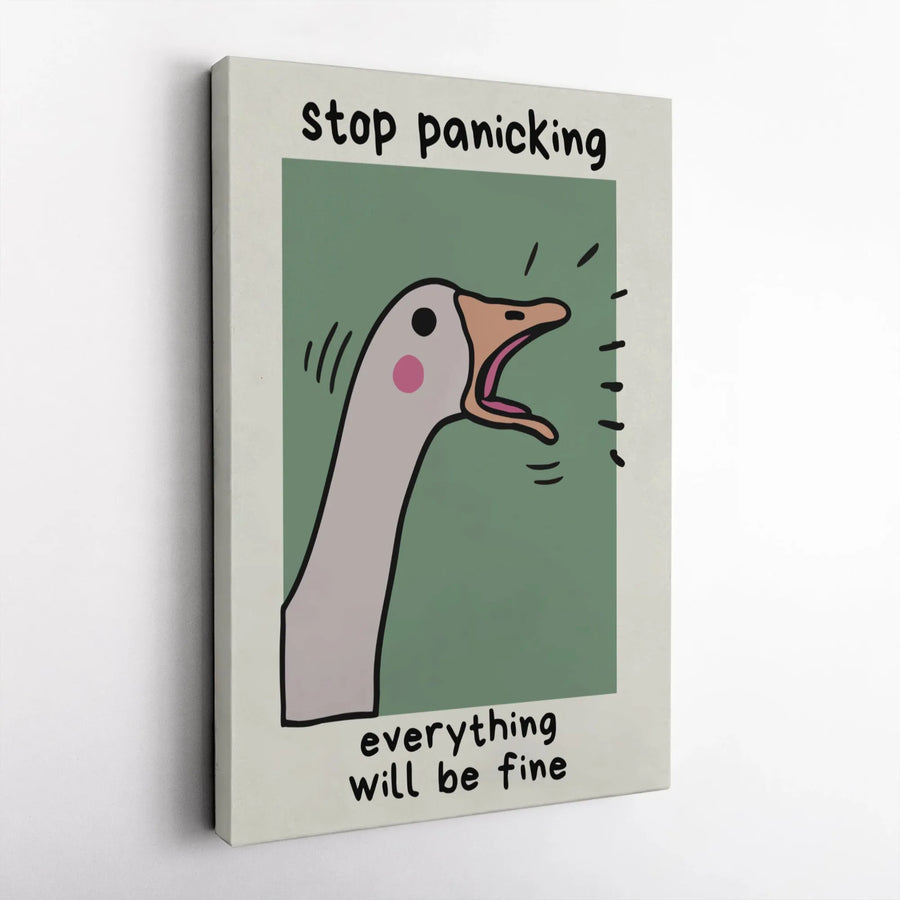 Screaming Goose Canvas Wall Art | Stop Panicking Everything Will Be Fine Quote | Premium Gallery Wrapped Print | Funny Home Decor Gift Idea