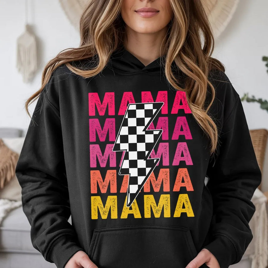 Mama Hoodie | Retro Checkered Lightning Bolt Graphic | Premium Soft Unisex Pullover | Trendy Mom Gift for Mother's Day 2026