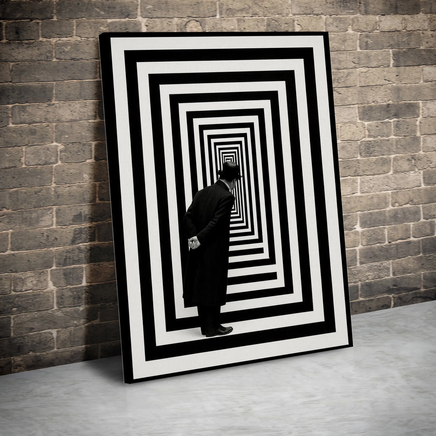 Optical Illusion Canvas Art | Man in Fedora Surreal Tunnel | Gallery Wrap Premium Wall Decor | Modern Minimalist Office Living Room Statement Piece