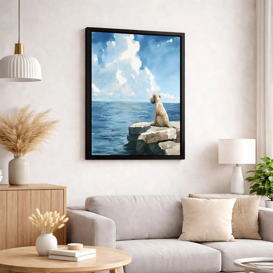 Dog Ocean Canvas Wall Art | Watercolor Coastal Scenery | Premium 1.25 Inch Gallery Wrap | Peaceful Pet Home Decor Gift
