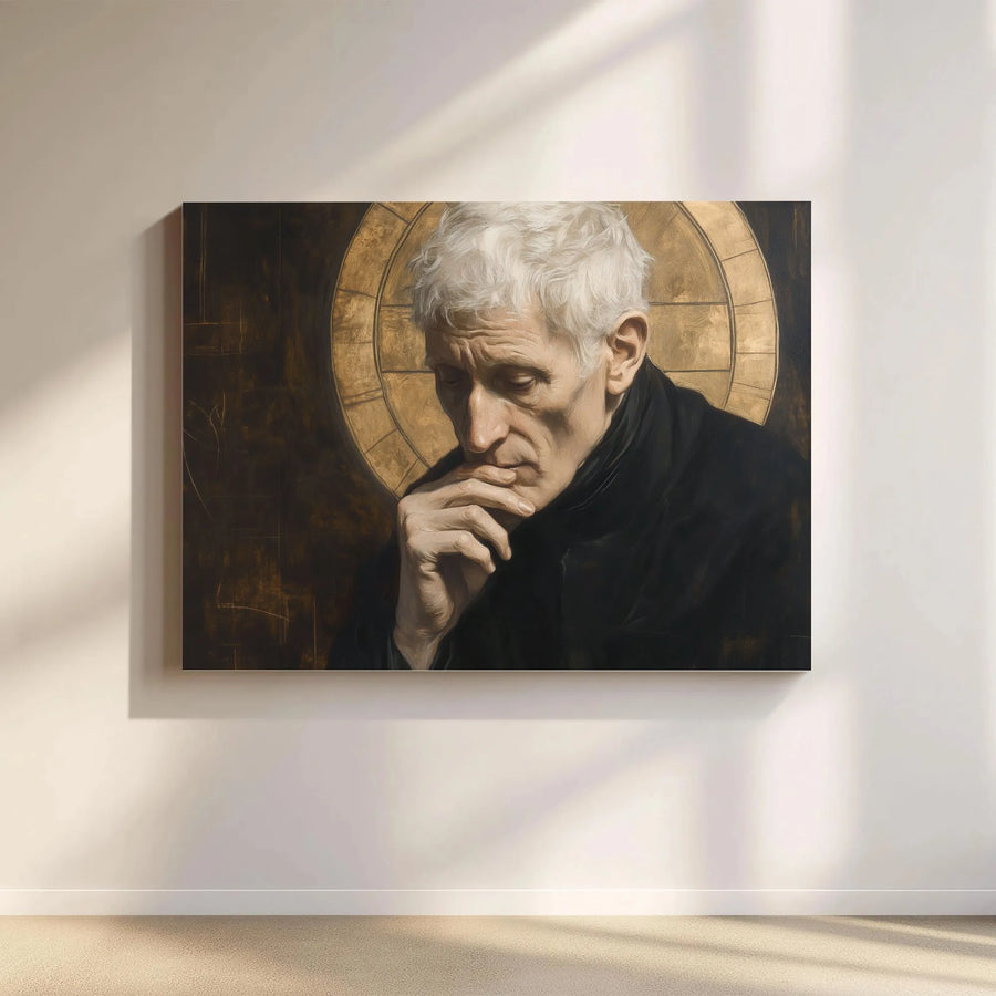 Philosopher Portrait Canvas Print | Pensive Elderly Man with Gold Halo | Gallery Wrapped Premium Wall Art | Thoughtful Home Office Decor Gift
