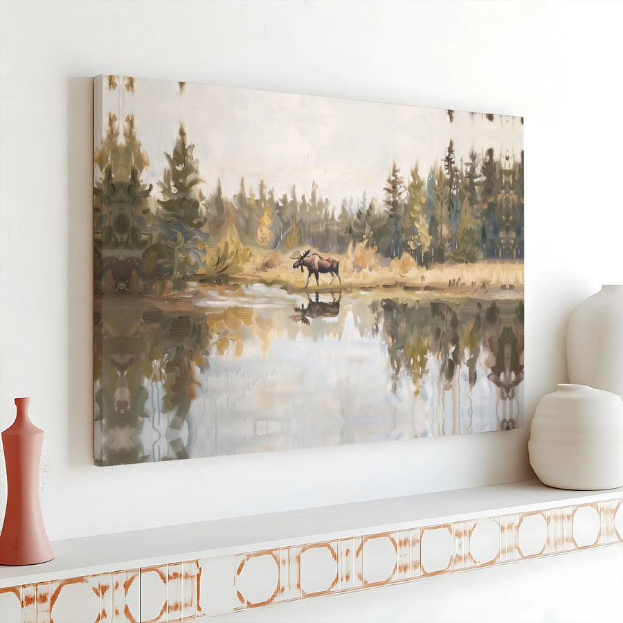 Moose Canvas Wall Art | Impressionist Wildlife Painting with Lake Reflection | Premium Gallery Wrap Canvas | Rustic Cabin & Lodge Decor Gift