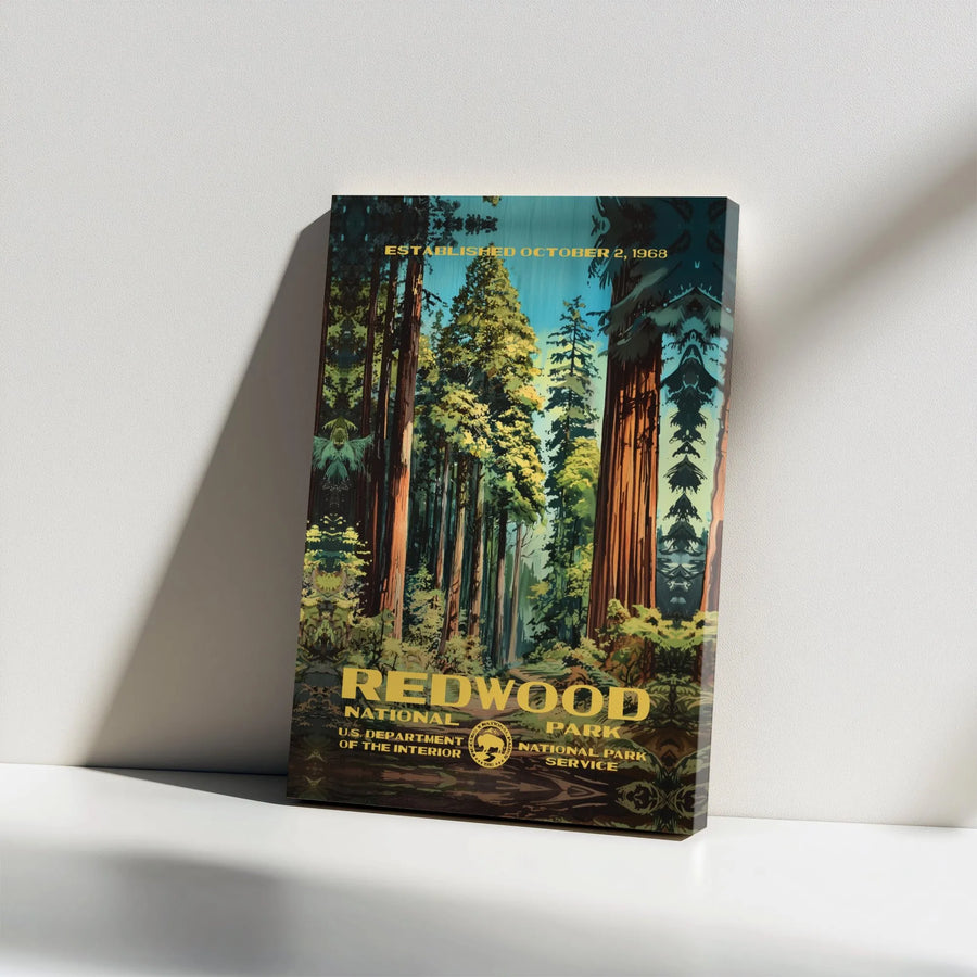 Redwood National Park Canvas Art | Vintage WPA Style Travel Print | Premium Gallery Wrap Decor | Nature Lover Gift For Office Or Home Wall