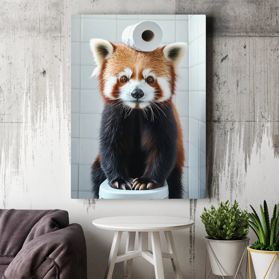 Funny Red Panda Vertical Canvas | Cute Animal on Toilet with Toilet Paper | Premium Gallery Print | Quirky Bathroom Decor Wall Art Gift