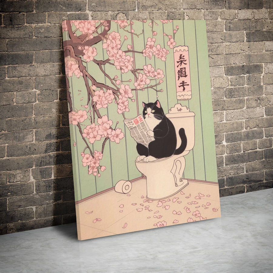 Japanese Cat Wall Art | Ukiyo-e Style Reading On Toilet Print | Premium 1.25" Gallery Wrap Canvas | Funny Bathroom Decor Gift