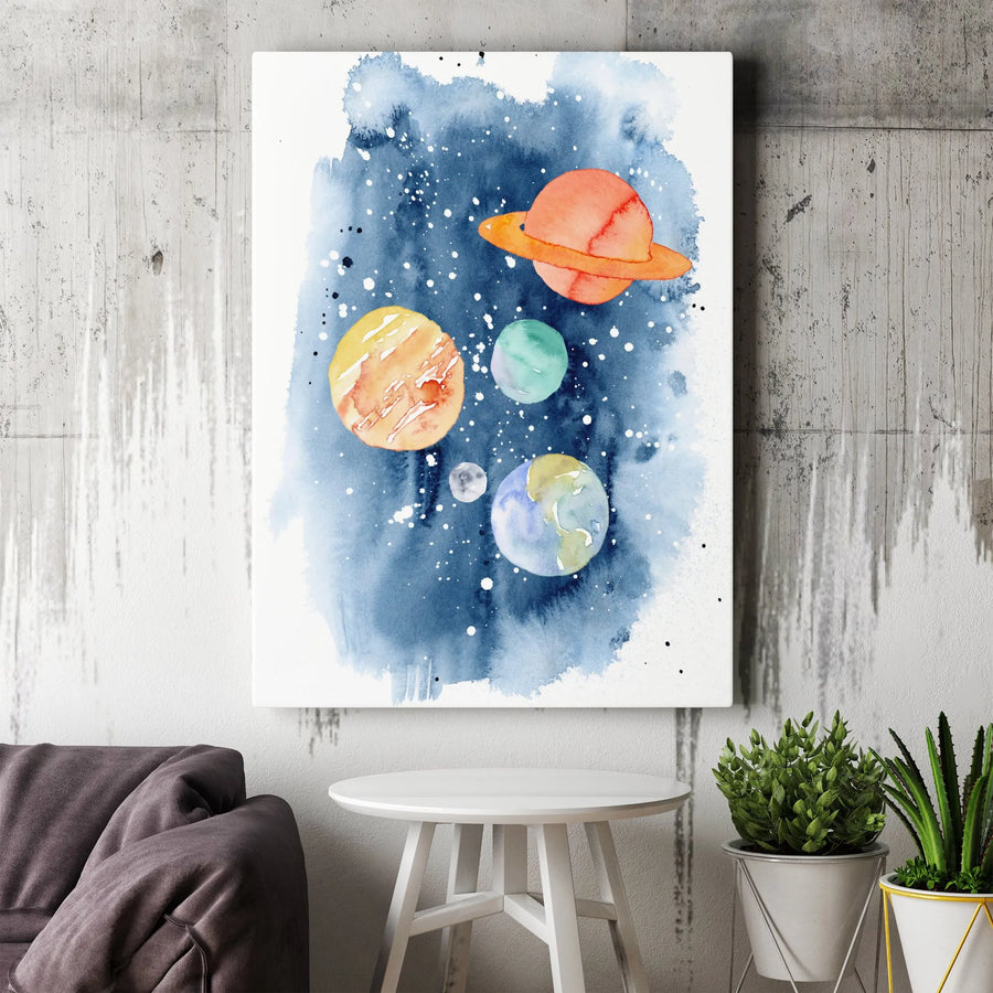 Watercolor Planets Vertical Canvas | Solar System Space Art Print | Premium Gallery Wrapped Wall Decor | Gift for Kids Room or Nursery Decor