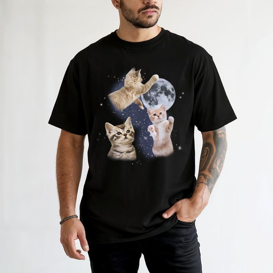 Three Cats Moon T-Shirt | Celestial Kitten Graphic Tee | 100% Cotton Premium Quality | Aesthetic Space Cat Gift For Cat Lovers And Astronomy Fans