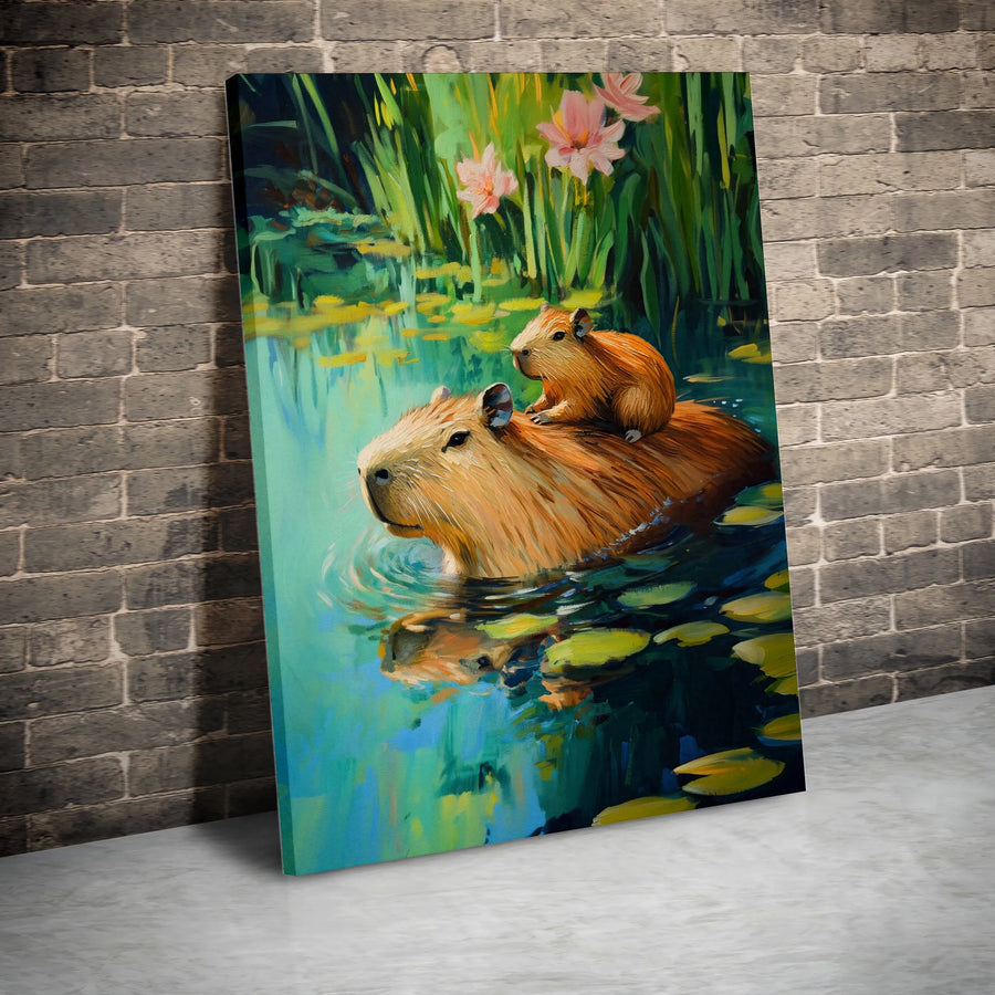 Capybara Wall Art | Cute Baby Capybara Swimming Impressionist Painting | Premium Stretched Canvas Print | Animal Lover Home Decor Gift
