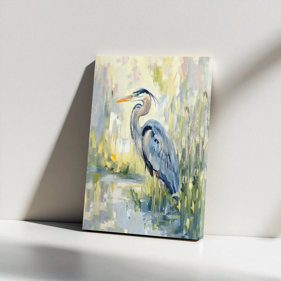 Great Blue Heron Canvas Wall Art | Impressionist Marsh Bird Painting | 1.25-Inch Gallery Wrap Print | Coastal Home Decor Gift for Bird Lovers