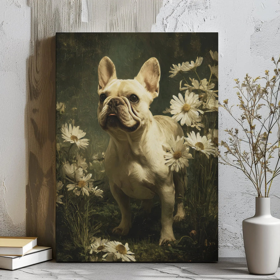 French Bulldog Canvas Wall Art | Vintage Floral Daisy Painting | Premium Gallery Wrap Print | Dog Lover Home Decor Gift