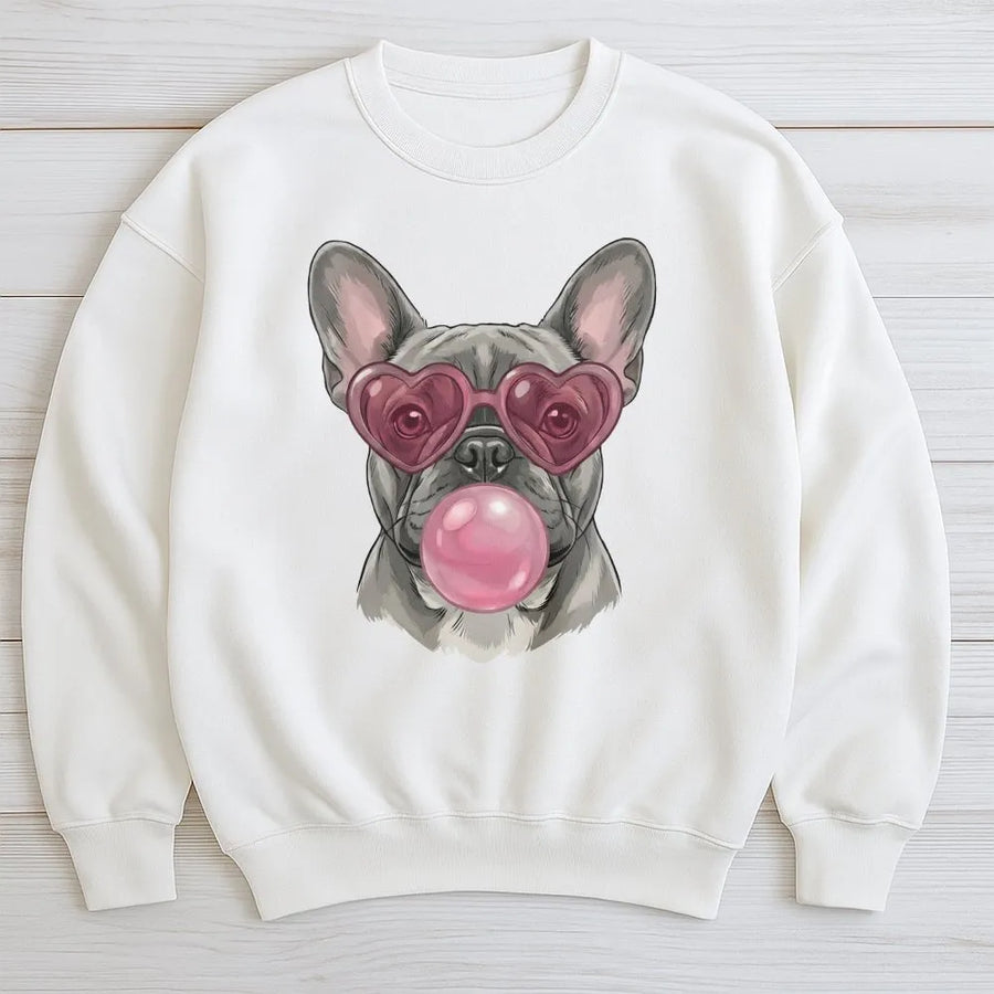 French Bulldog Sweatshirt | Heart Sunglasses Bubble Gum Frenchie Art | Premium Cotton Blend Crewneck | Cute Dog Mom Gift for Her
