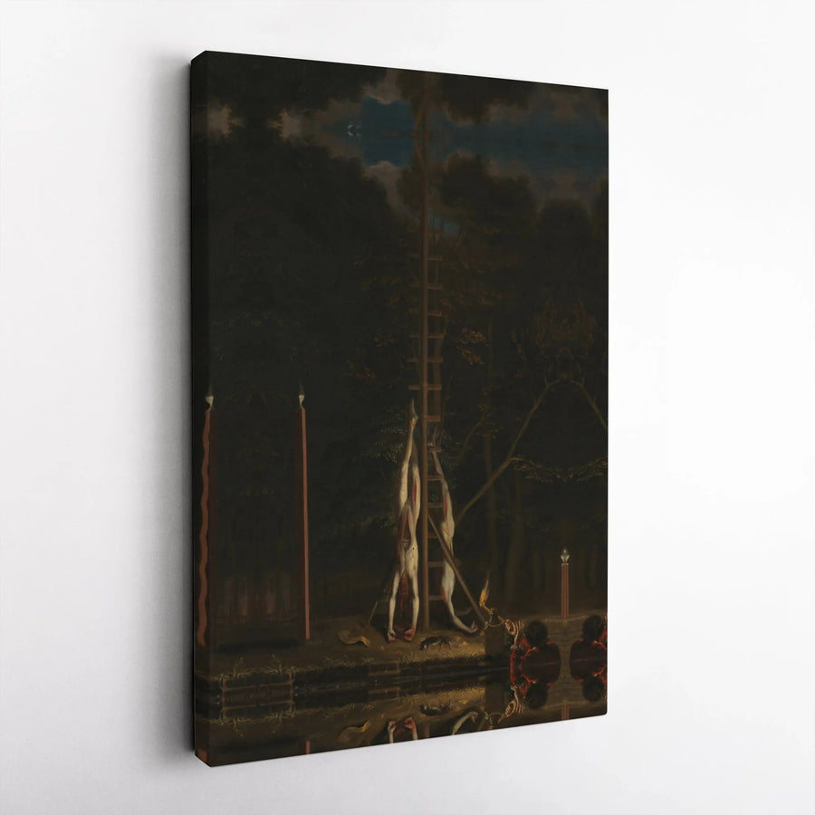 The Corpses of the De Witt Brothers Canvas Print | Jan de Baen Historical Fine Art | Premium Gallery-Wrapped Wall Decor | History Enthusiast Gift
