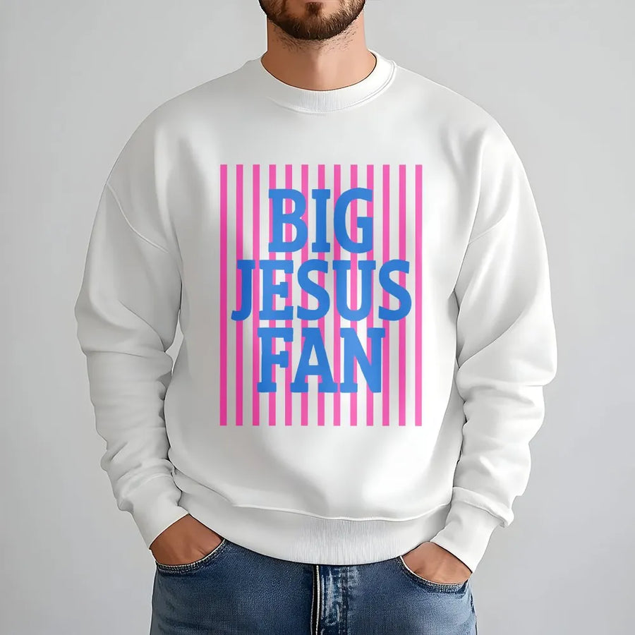 Big Jesus Fan Sweatshirt | Preppy Striped Christian Graphic | Cotton Blend Comfort | Trendy Religious Gift for Faith Enthusiasts