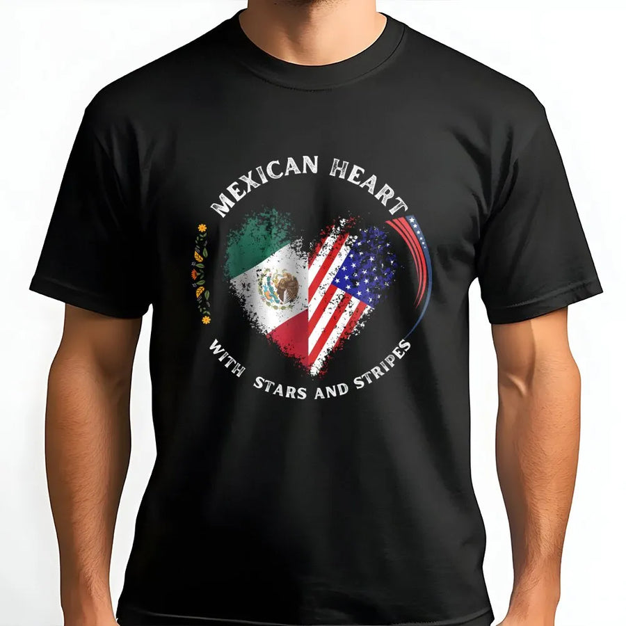 Mexican American Heart T-Shirt | Dual Flag Pride Design | Premium Soft Cotton Tee | Heritage Gift for Mexican Heritage and USA Roots