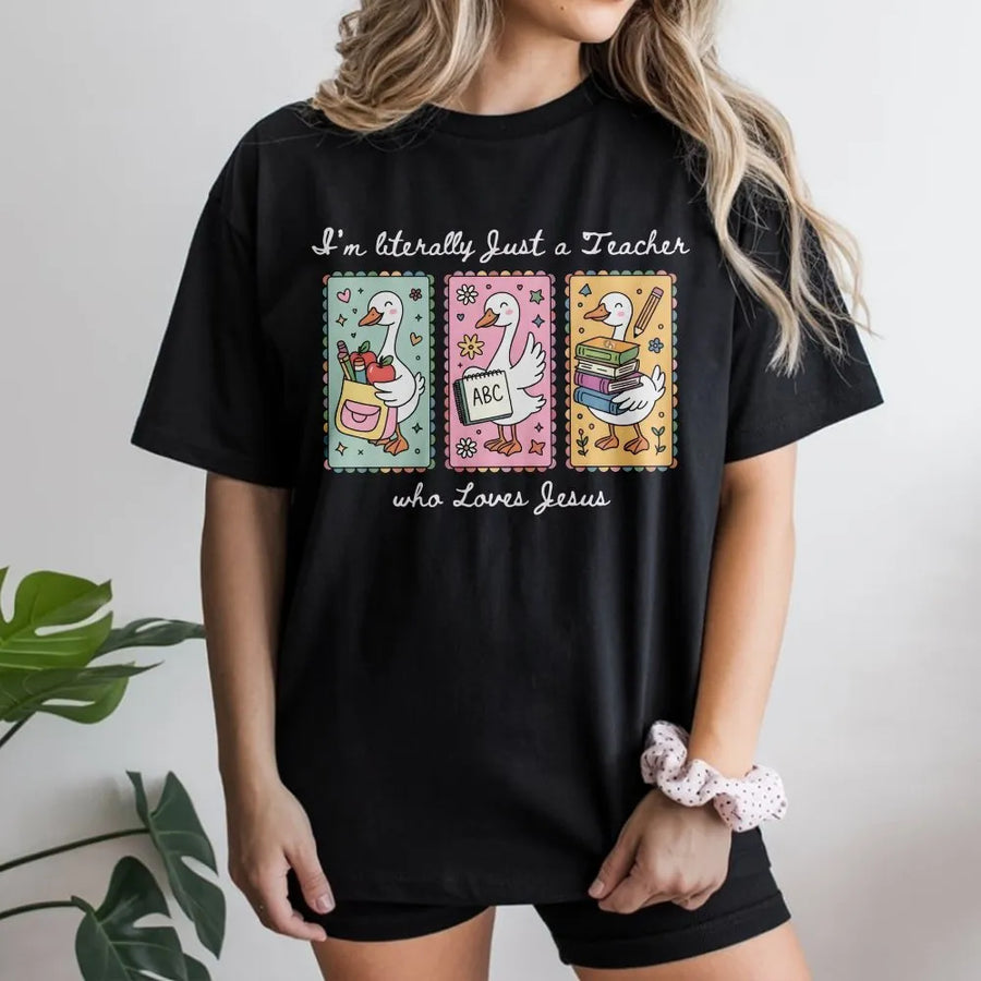 Christian Teacher Shirt | Cute Goose Graphic 'Loves Jesus' Quote Tee | Premium Soft Cotton | Faith Based Teacher Appreciation Gift