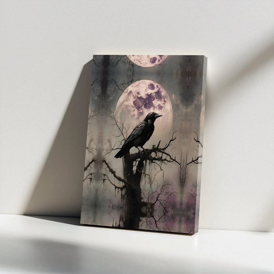 Gothic Raven Canvas Wall Art | Mystic Crow on Spooky Tree | Premium Fade-Resistant Print | Dark Academia Home Decor Gift