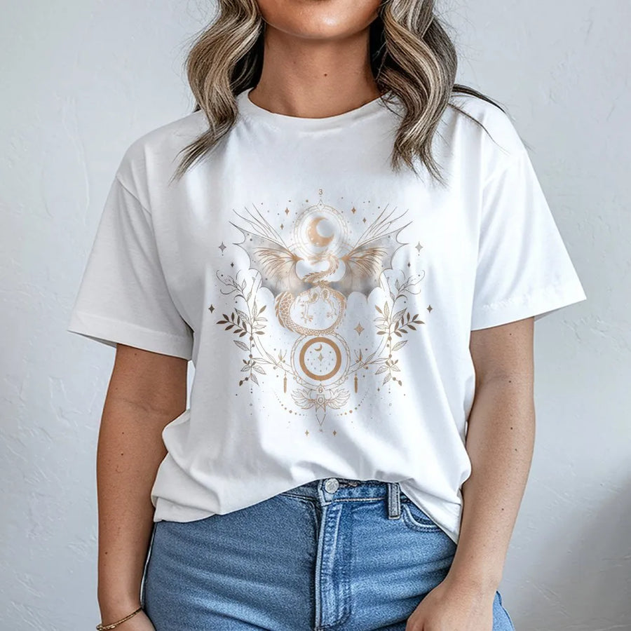 Celestial Dragon T-Shirt | Witchy Boho Dragon Wings & Floral Moon Phase Graphic | Soft Breathable Cotton | Gift for Witches & Goth Style Fans