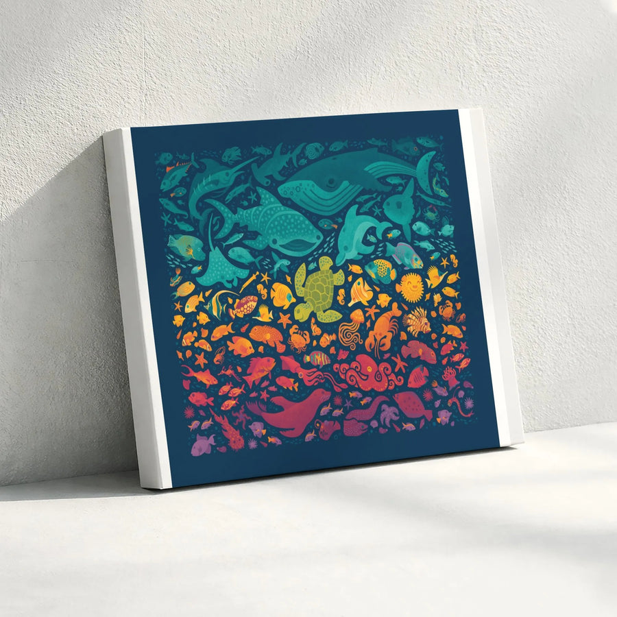 Ocean Life Canvas Wall Art | Colorful Aquatic Animal Spectrum Print | Thick Gallery Wrap Canvas | Kids Room & Nursery Decor Gift